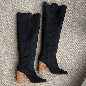 Black Suede Knee-High Wedge Boots